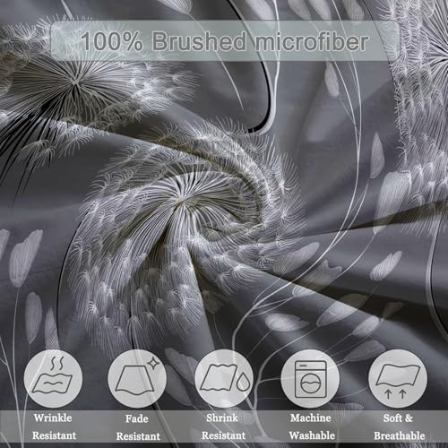 King Duvet Cover Set Plants Dandelions Branches and Leaves Grey