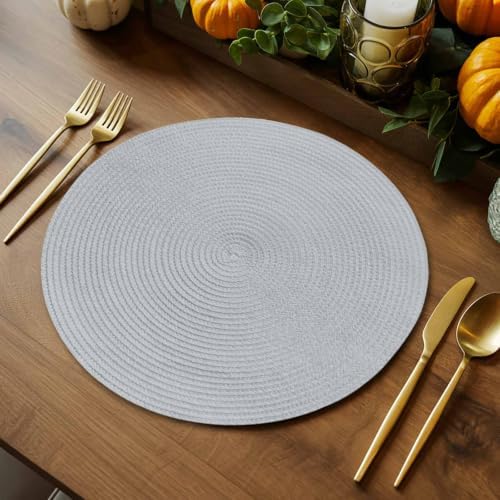 Silver Gray 15 Inch Round Placemats Set of 6, Boho Light Gray Solid