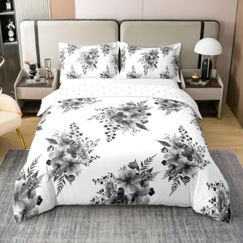 Erosebridal Grey Floral 100% Cotton Duvet Cover Queen Watercolor Boho