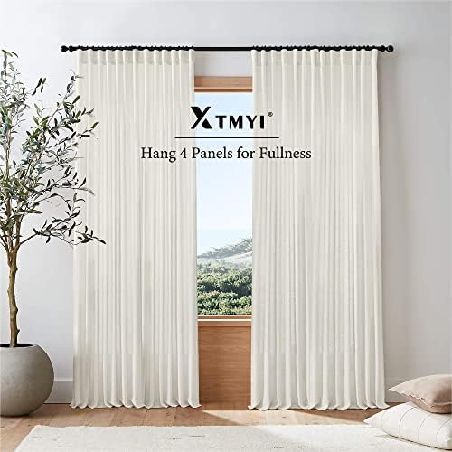 XTMYI Linen Curtains 96 Inch Long 2 Panel Set, Cream Sheer Pleated