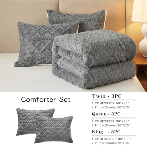 Joyreap 3-Piece Fluffy Faux Fur Sherpa Comforter Set Gray, Queen Size
