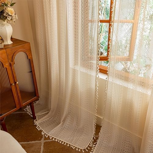 Sutuo Home Beige Boho Vintage Lace Curtains 108 inches Long for Dining