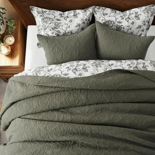 EVERGRACEHOME 100% Cotton Paisley Quilt Set, Queen Size, Olive Green