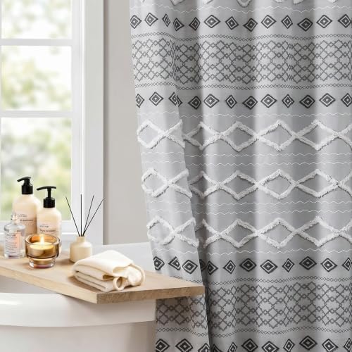 Accnicc Boho Fabric Shower Curtain with Metal Hooks, 3D Tufted Striped