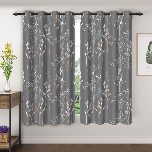 Gray Leaves Blackout Curtains 63 Inch Length, Room Darkening Curtains