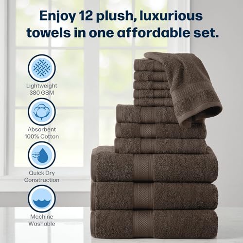 Stoneberry Home 12-Piece Set of Towels, Lightweight 380 GSM Cotton