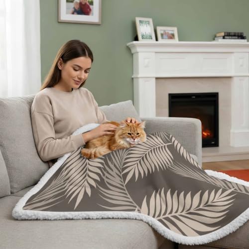 Fleece Sherpa Bed Blankets, Rustic Palm Leaves Microfiber Plush