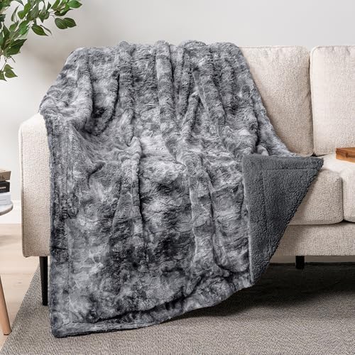 PAVILIA Tie Dye Faux Fur Sherpa Twin Blanket for Couch Bed, Grey