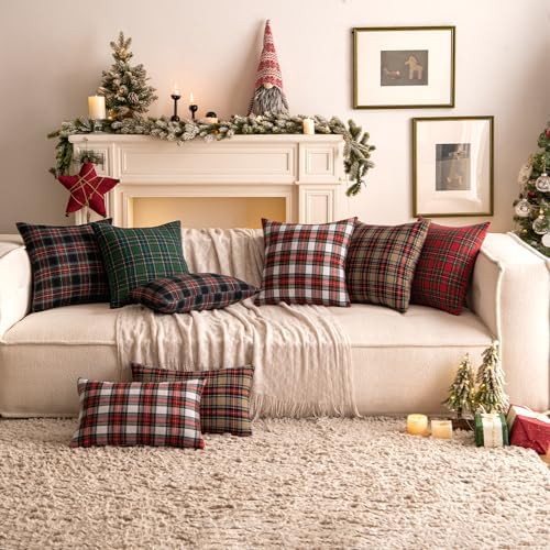 Christmas Scottish Plaid Throw Pillow Covers 18x18 Green Set of 2