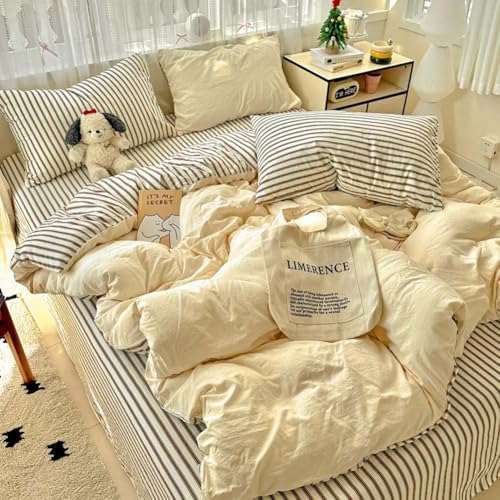 Nayoroom Yellow Duvet Cover Queen Reversible Brown Striped Bedding Set