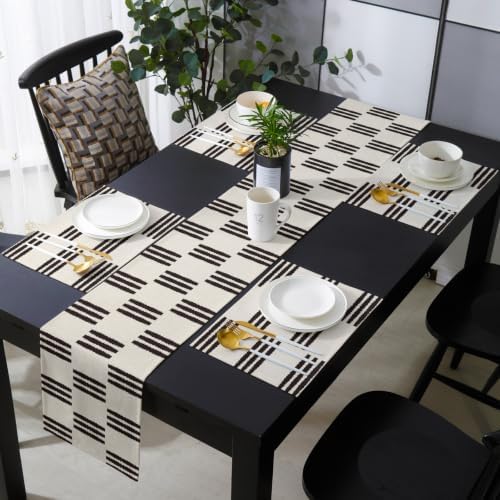 Abstract Stripes Table Runner and Placemats Set of 4 Black Farmhouse
