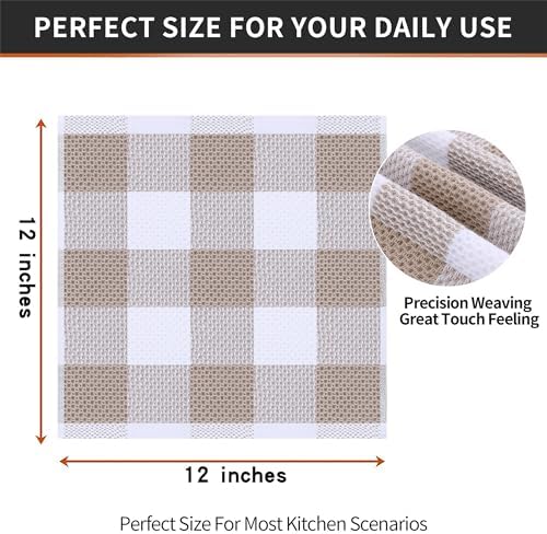 Homaxy 100% Cotton Check 6 Pack Dish Cloths, 12" x 12", White & Khaki