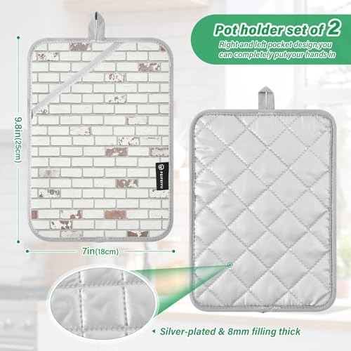 Gray Wall Heat Resistant Pot Holders Set of 2, Quilted Silver Lining