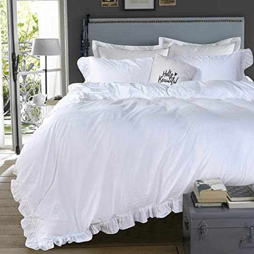 QSH White Ruffle California King Duvet Cover, Washed Cotton Farmhouse