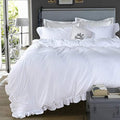 QSH White Shabby Ruffle Duvet Cover Full Size,Washed Cotton Farmhouse