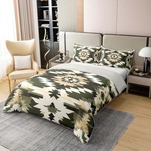 jejeloiu Bohemian Pattern Duvet Cover 100% Cotton Queen Size Green