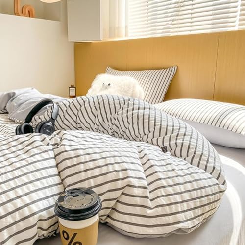 Washed Cotton Duvet Cover Set, Simple Striped Cotton Bedding 4 Pieces