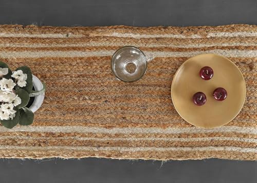 Beige & White Jute Table Runner Rug – 13 x 120 Inches – Handmade
