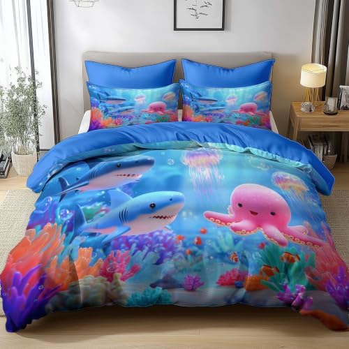 King Duvet Cover Set Soft Microfiber Aquarium Cartoon Blue