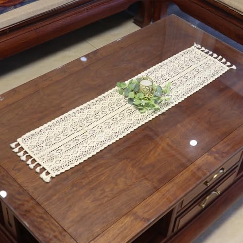 Gemseek 36 Inch Boho Crochet Table Runner, Beige Cotton Lace Table