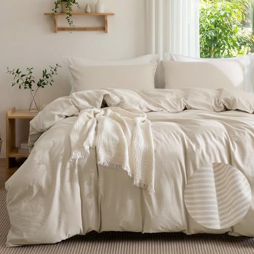 MILDLY Beige Striped Duvet Cover Set with Hidden Dual Zipper 8 Corner