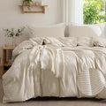 MILDLY Beige Striped Duvet Cover Set with Hidden Dual Zipper 8 Corner