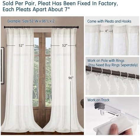 LETAU Faux Linen Cream Sheer Curtains 63 inches Long, Light Filtering