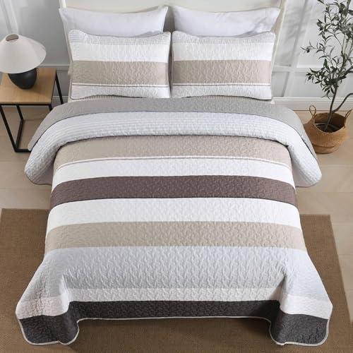 Dinjoy Queen Size Boho Stripe Quilt Set, Grey Brown Lightweight