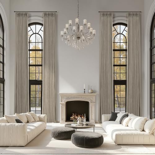 Pinch Pleated Linen Tan Curtains 192 Inches Long for High Ceiling