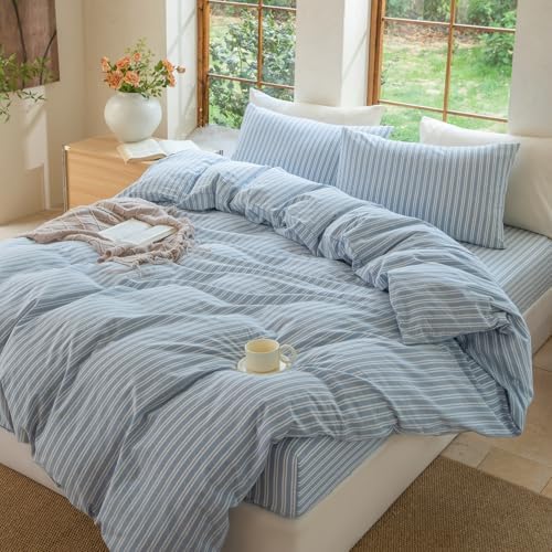 Luxury 100% Washed Cotton Linen Like Duvet Cover Set,3 Pcs Striped
