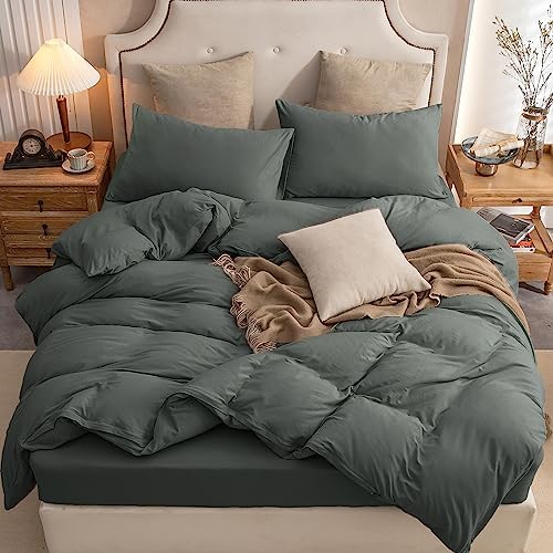 PURE ERA Jersey Knit Duvet Cover Set Solid Dark Greenish Gray Queen