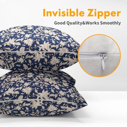Navy Blue Floral Block Print Throw Pillow Covers 22x22 Inch Set of 2