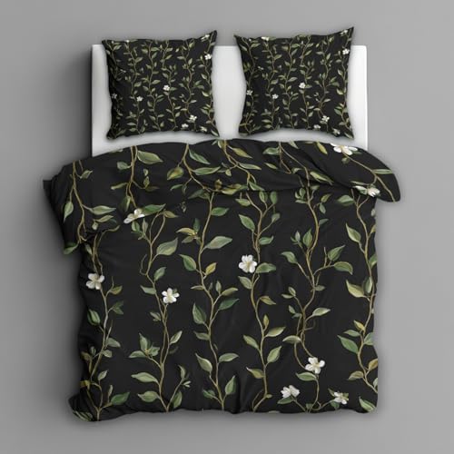 Botanical Duvet Cover King Size, Tree Stripe Floral Black Green