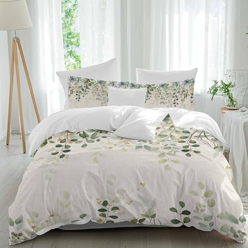 Sage Green Bedding 3 Piece Duvet Cover Set Queen Size, Eucalyptus