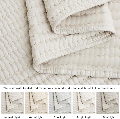 WDCOZY Beige King Size Pick Stitch Quilt Set, 3 Pieces 104x90 inches