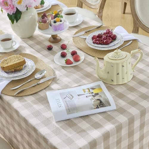 Beige Gingham Tablecloth, 60 x 60 Inch Square, Checkered Tablecloth