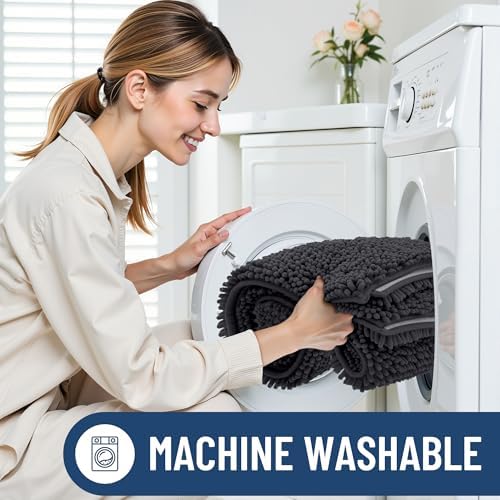 Smiry Chenille Bathroom Rugs Sets 2 Piece (59x20+24x16, Charcoal Grey)