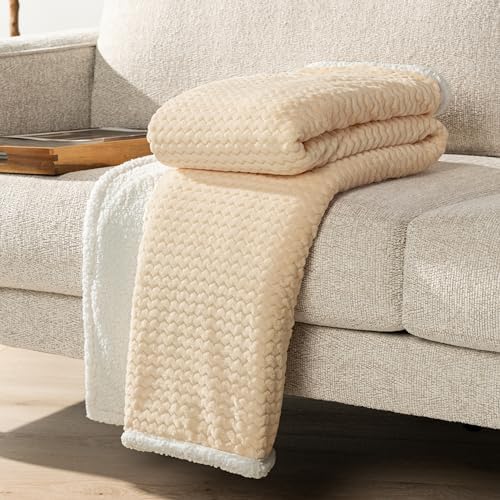 PAVILIA Sherpa Throw Blanket for Couch Sofa Bed, Chevron Ivory Beige