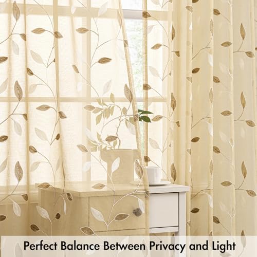 MIULEE Beige Sheer Curtains 2 Panels Embroidered Leaf Patterned, W52 x