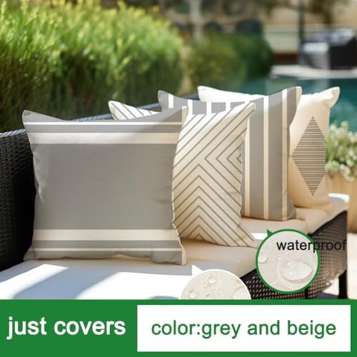 Outdoor Pillows Covers 18x18 Waterproof,Grey and Beige Set of 4