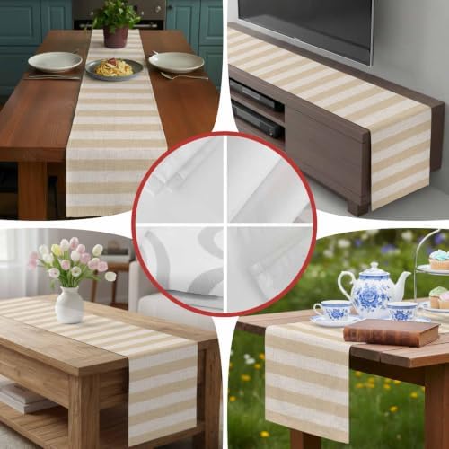 Beige Stripe Burlap Table Runner 90 Inches Long, Rustic Linen Texture