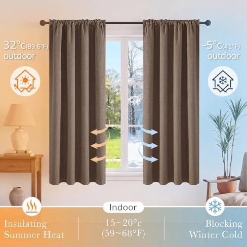 PONY DANCE Brown 100% Black Out Linen Curtains 72 Inches Long, 2