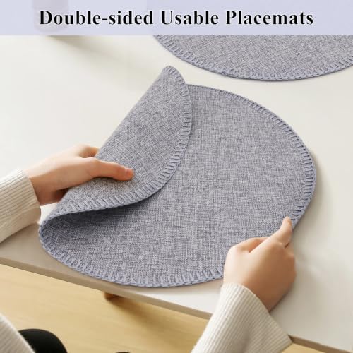 15" Round Placemats Set of 6, Faux Linen Cloth Place Mats, Grey