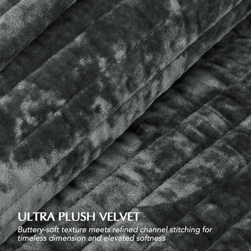EverGrace Stripe Channel Luxury Velvet Quilt Set King Size, Charcoal
