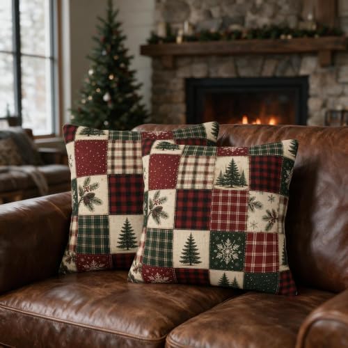 Christmas Plaid Pillow Covers 22x22 Set of 2 Winter Holiday Farmhouse