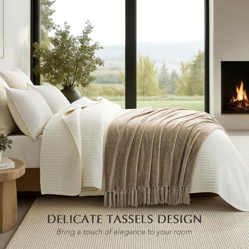 EverGrace Chenille Knit Throw Blanket for Couch, 60"x80", Beige