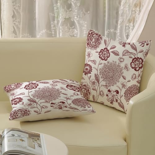 Floral Pillow Covers 18x18 Inch Set of 2 Vintage Burgundy Red Flower