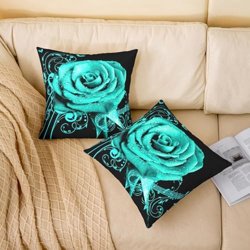 Feelyou Teal Rose Floral Throw Pillow Covers 22"x22" Set of 2 Couple
