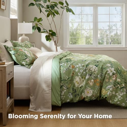 Bedsure Duvet Cover King Size - Reversible Green Floral&Bird Duvet