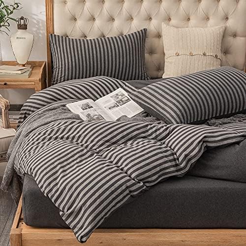 PURE ERA Jersey Duvet Cover Set Charcoal Dark Grey Stripe Full